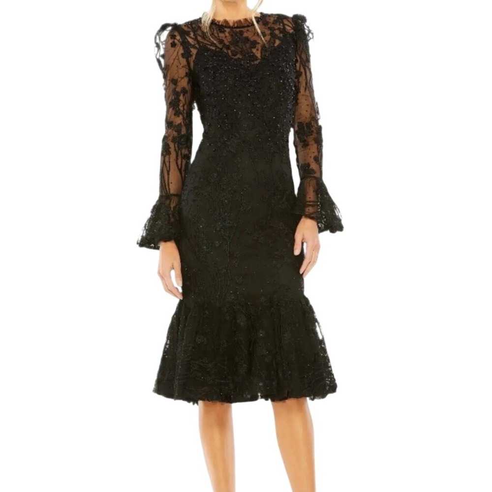 Mac Duggal Black Beaded Floral Embroidered Lace Bell Ruffle Sleeve Dress 16 NEW